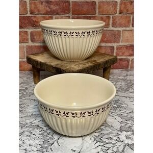 Paula Deen Stoneware Mixing Bowl Set 2 & 3 Quart Cream Brown Leaf Fluted Ribbed
